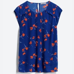 Beautiful Blue & Orange floral, cap sleeve Silk Blouse